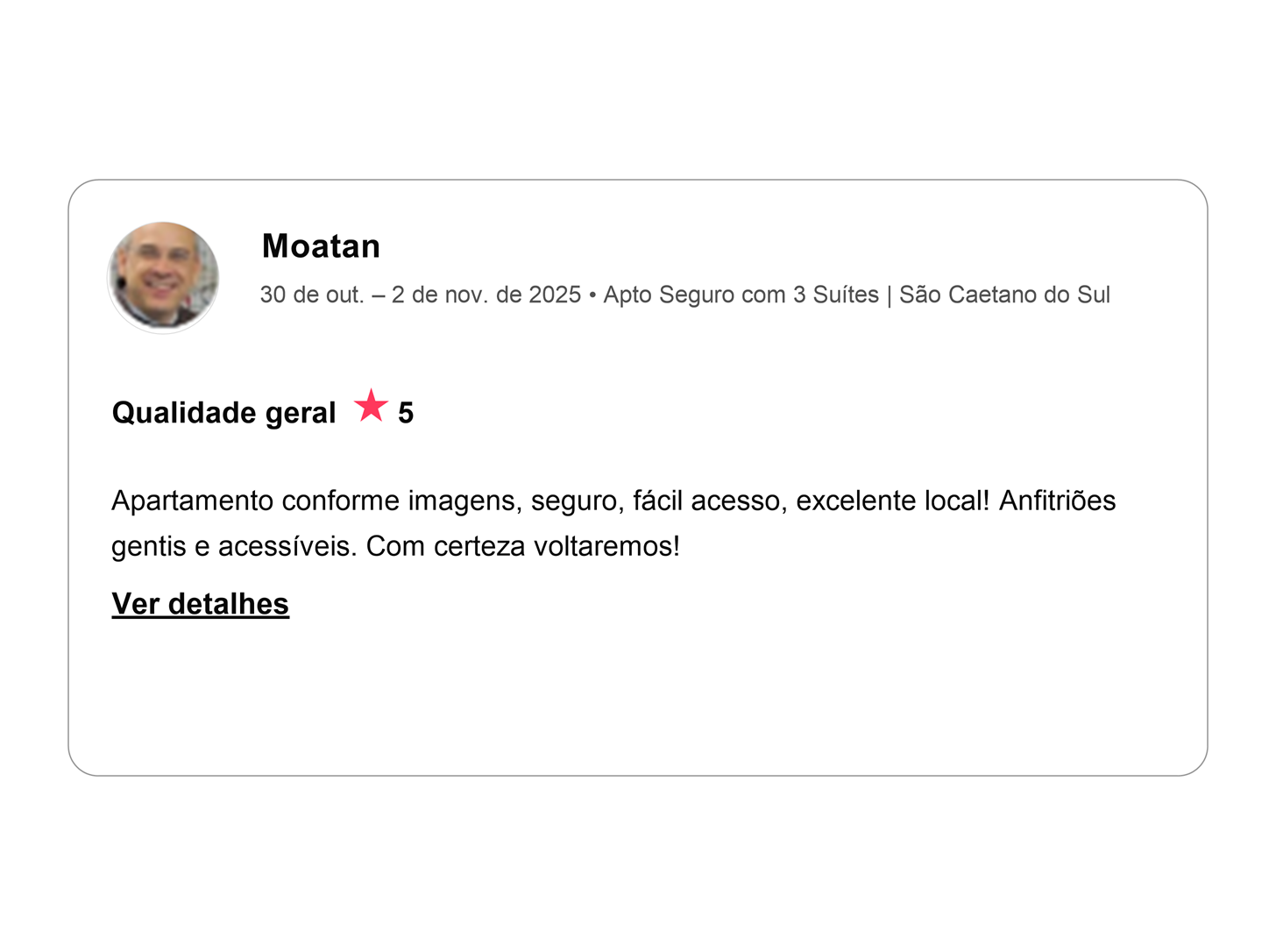 Avaliação cinco estrelas de Moatan