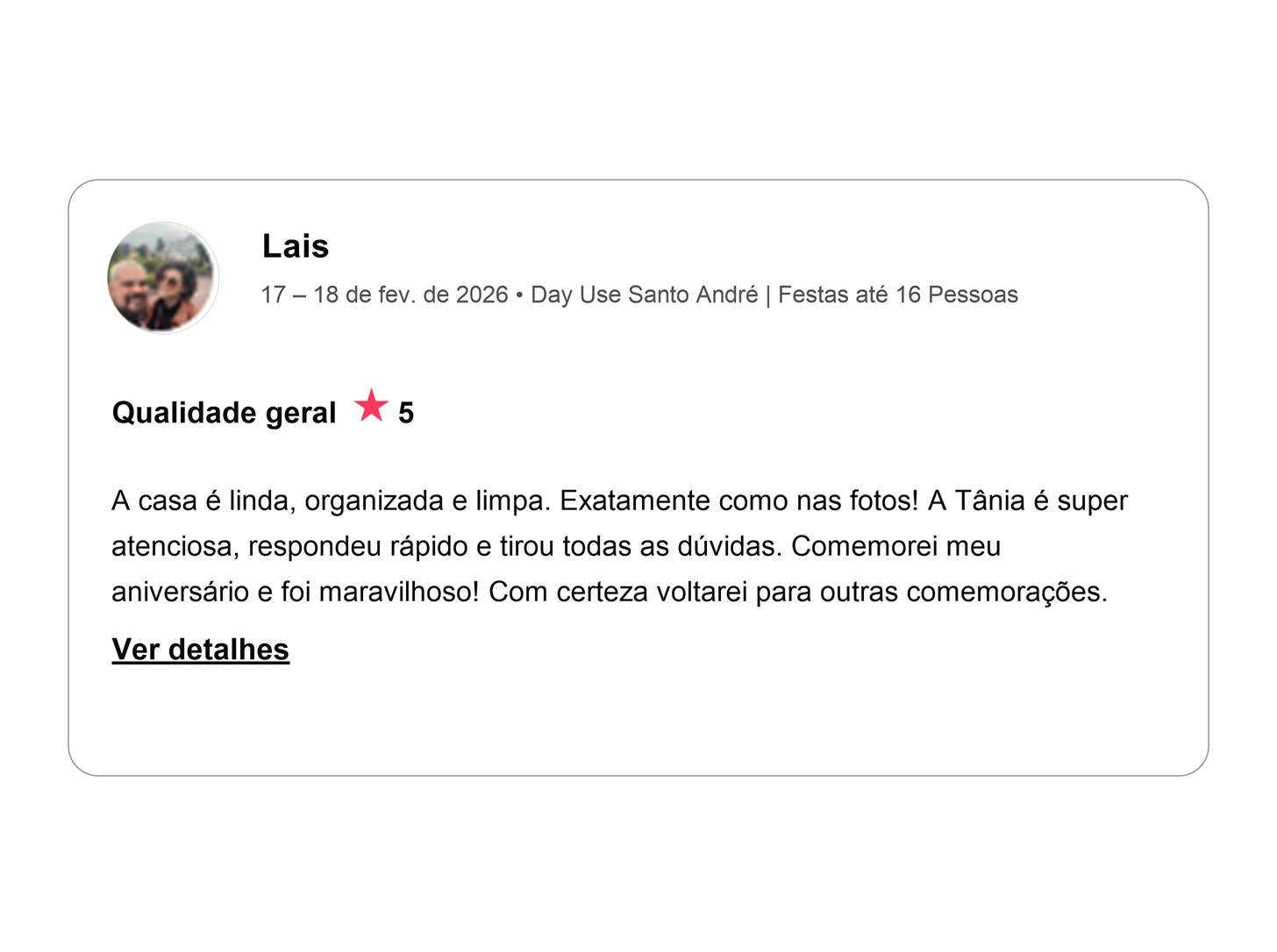Avaliação cinco estrelas de Laís