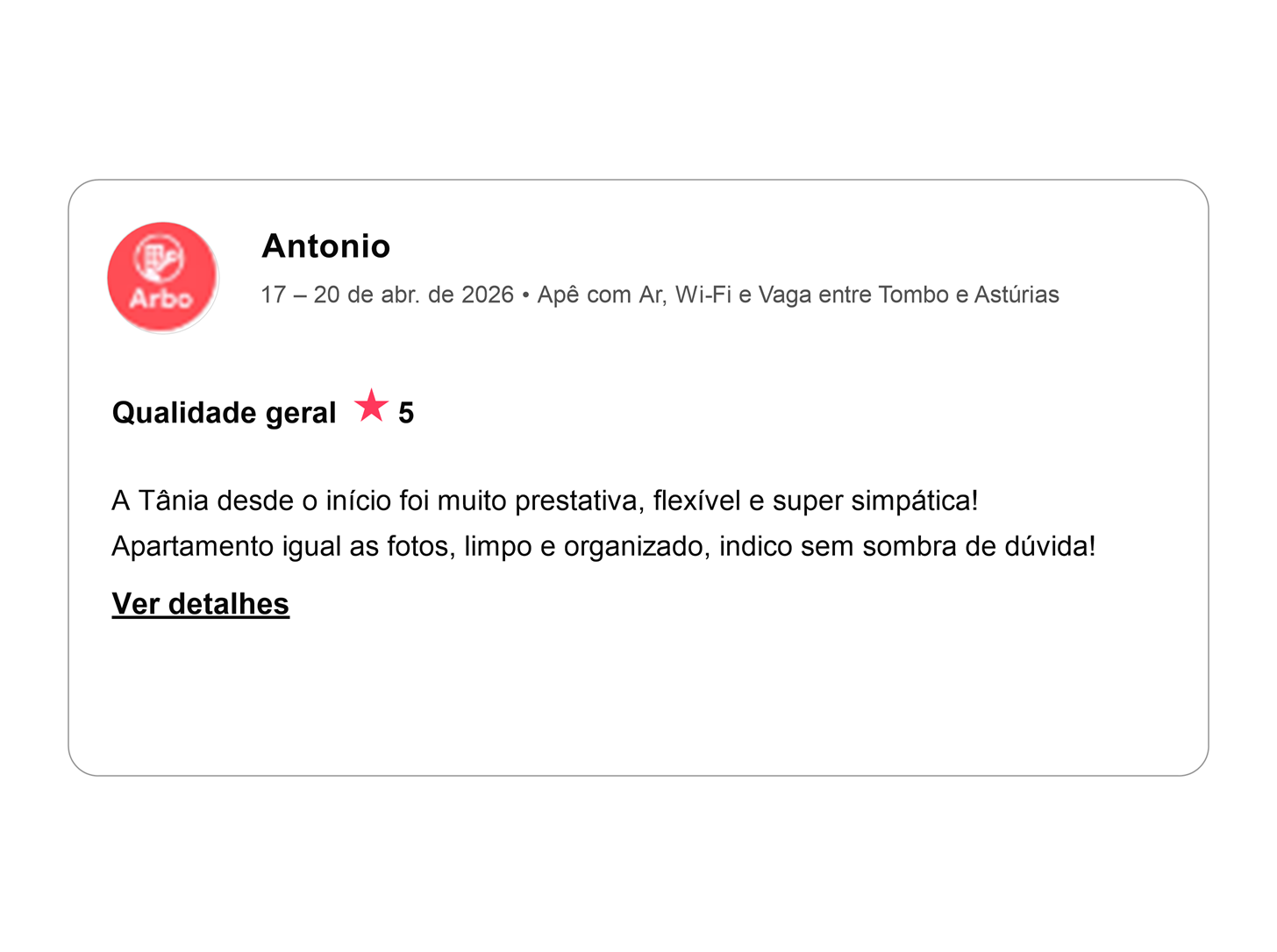 Avaliação cinco estrelas de Antonio