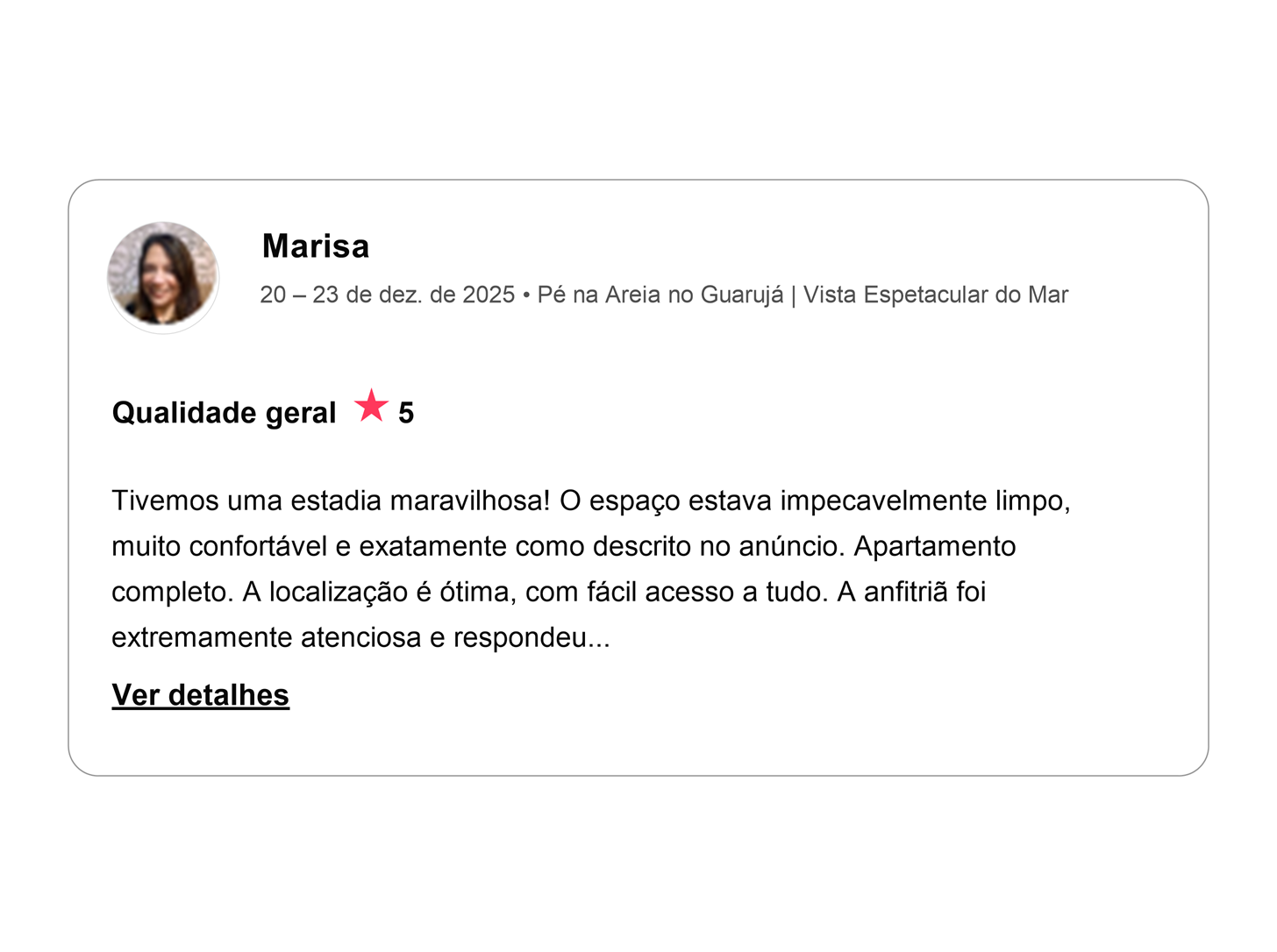 Avaliação cinco estrelas de Marisa