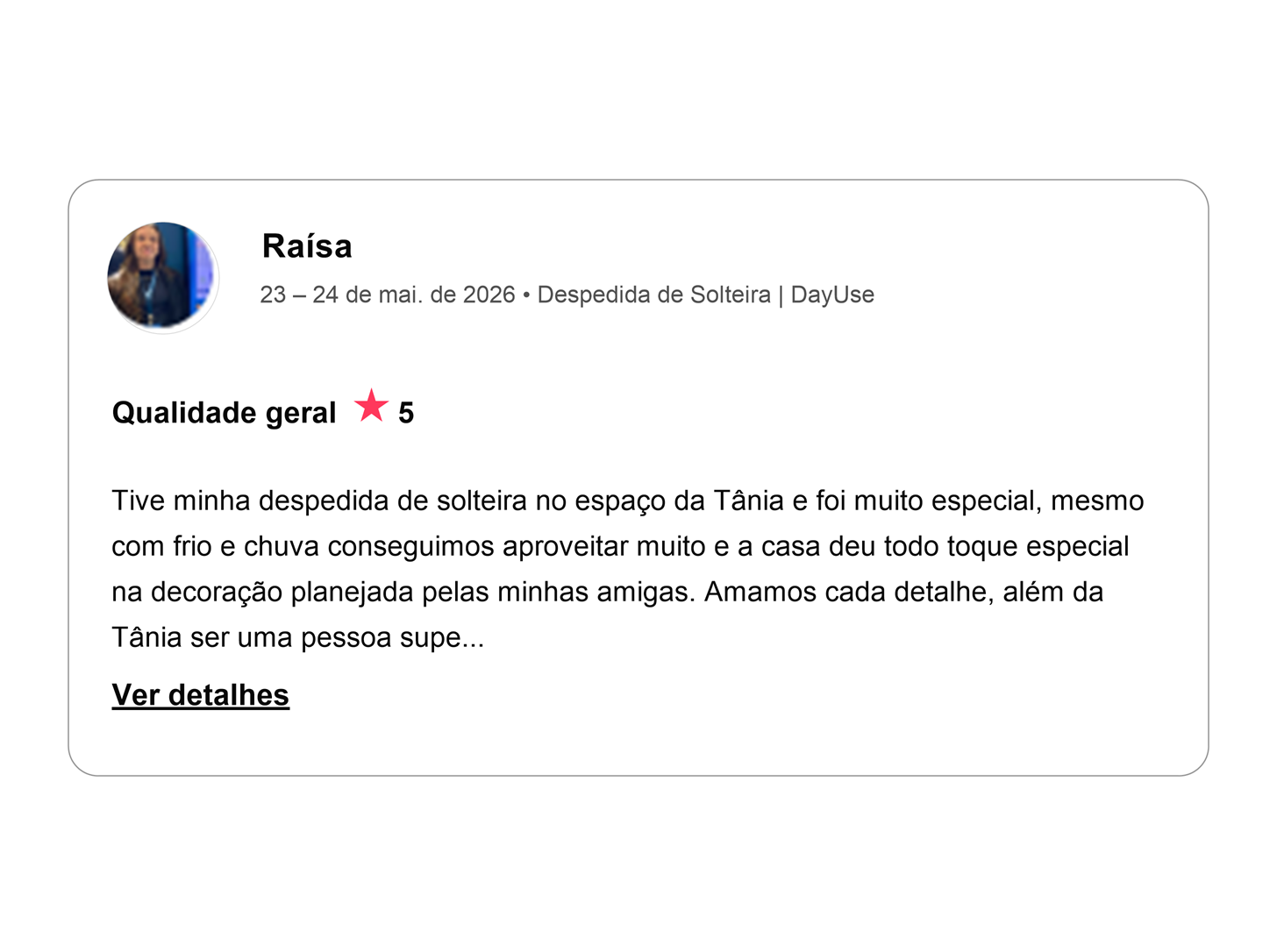 Avaliação cinco estrelas de Raísa
